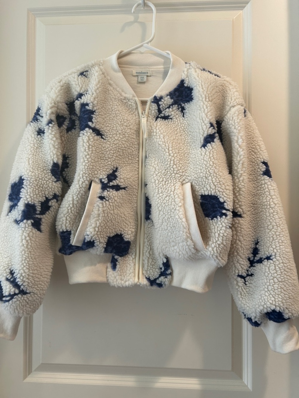 Sundance ZipUp Sherpa Bomber Teddy Jacket pockets Lite Cream w/Navy Floral PXS